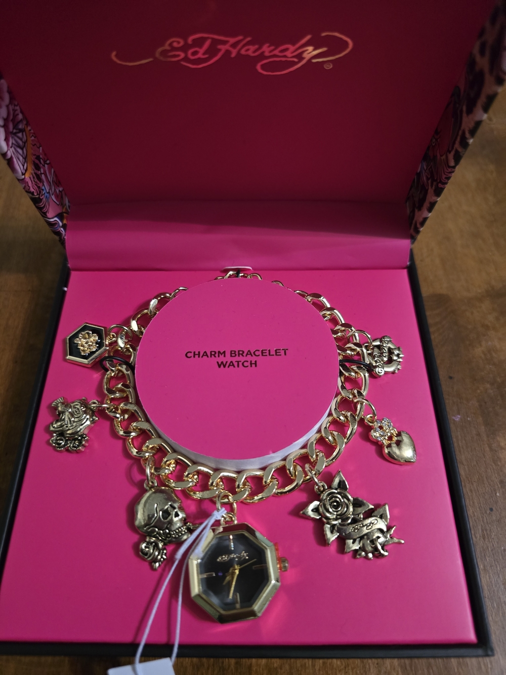 Ed Hardy Gold-Tone Charm Bracelet Watch